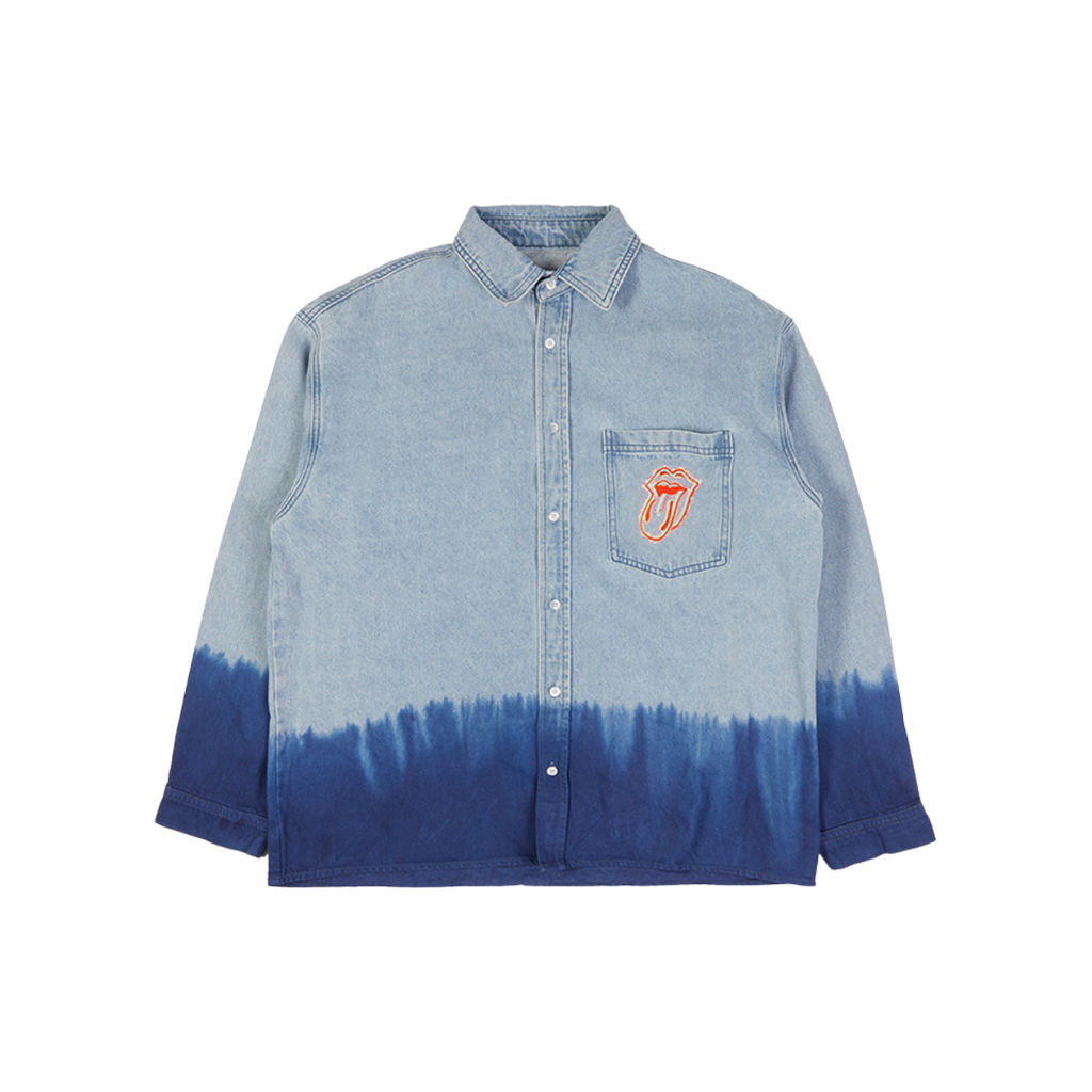 Light Blue Embroidered Tongue Logo Dip-Dye Denim Shirt Front