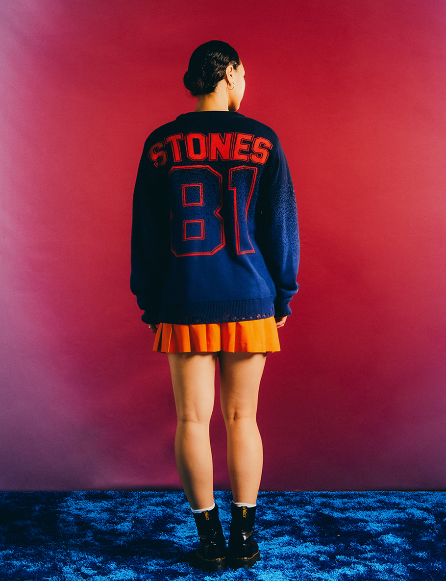 Blue 'STONES 81' Raw Hem Knitted Sweater Lifestyle 2