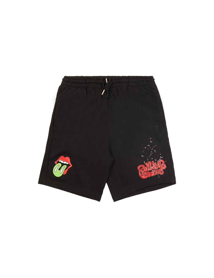 Black 'Rolling Stones' Graphic Print Shorts Front