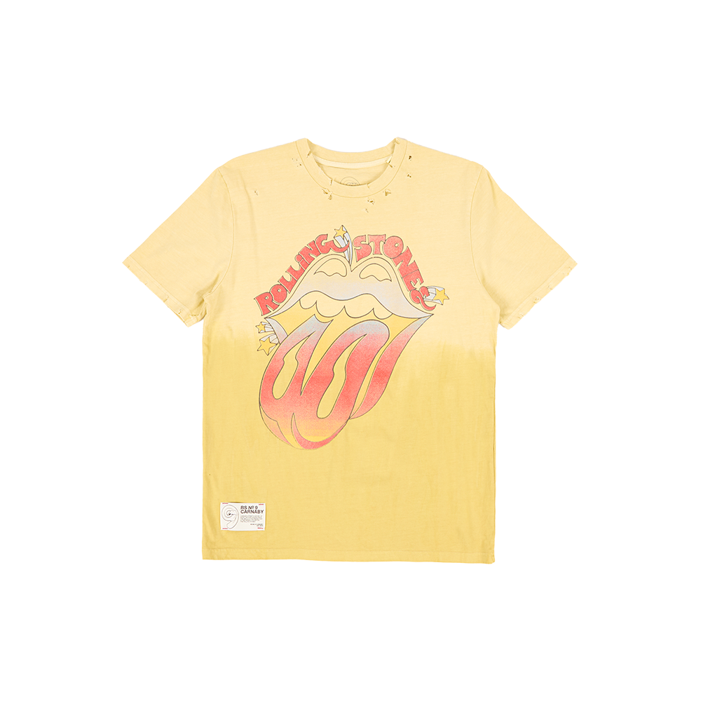 Rolling Stones Logo Distressed Washed Yellow T-Shirt Front 