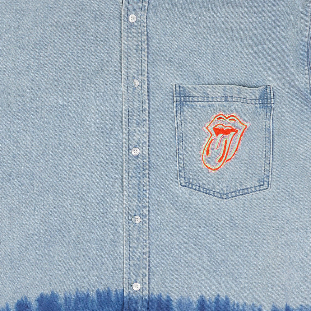 Light Blue Embroidered Tongue Logo Dip-Dye Denim Shirt Detail