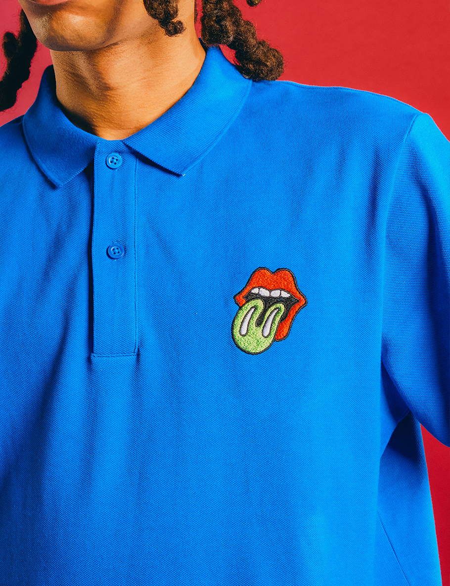 Blue Sticky Fingers Embroidered Tongue Polo Shirt Lifestyle 2