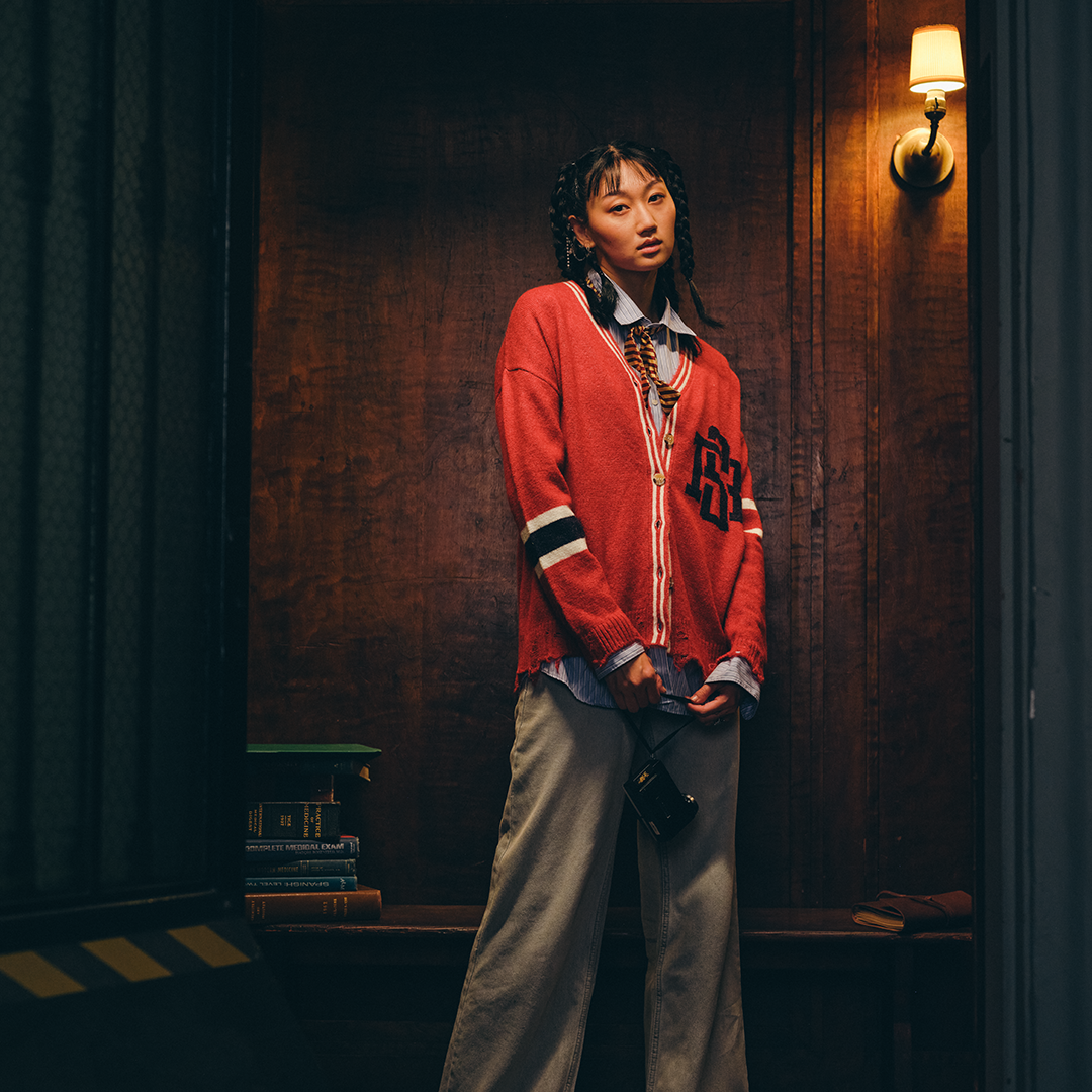Distressed Red Varsity Cardigan Model