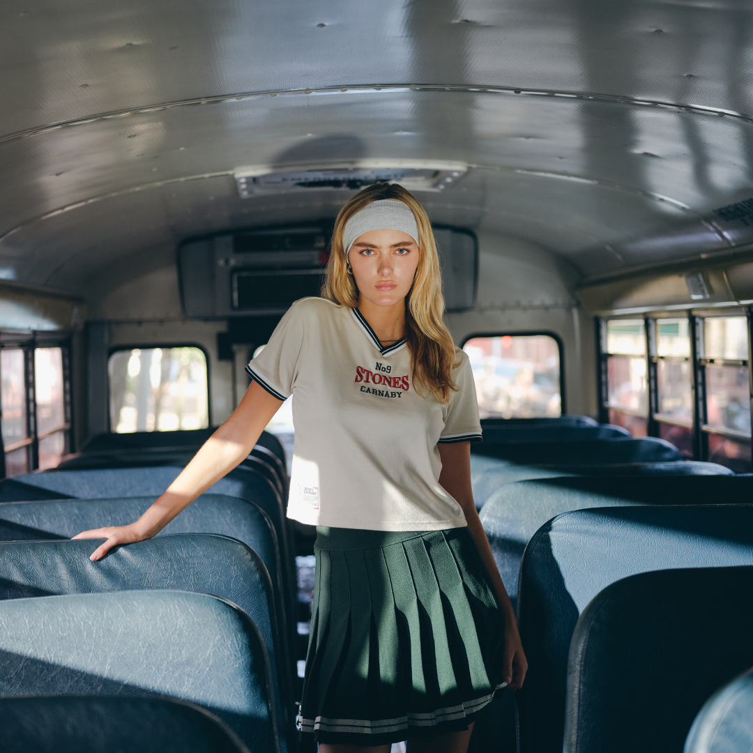 Stones Varsity V-Neck Baby Tee Model