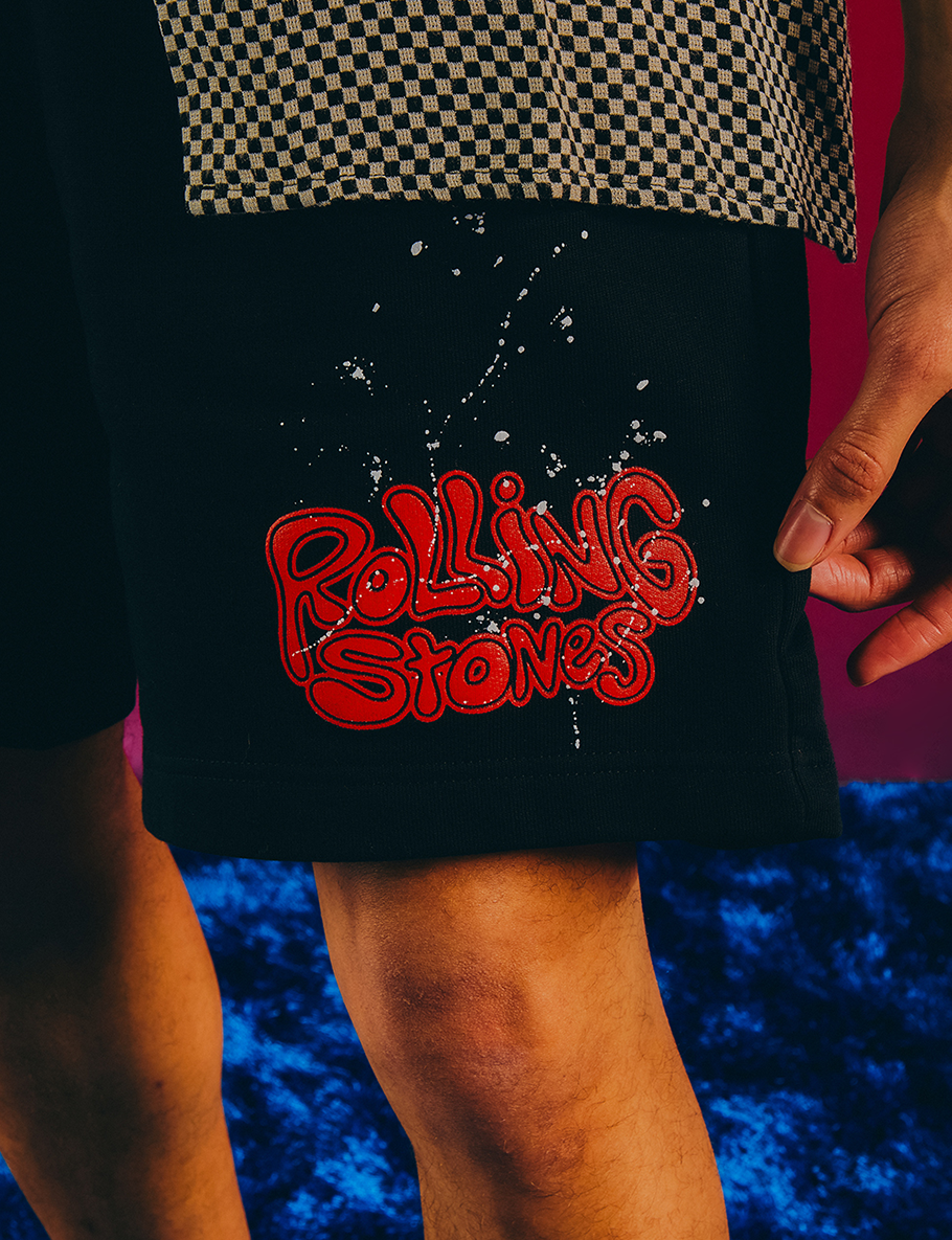 Black 'Rolling Stones' Graphic Print Shorts Lifestyle 1