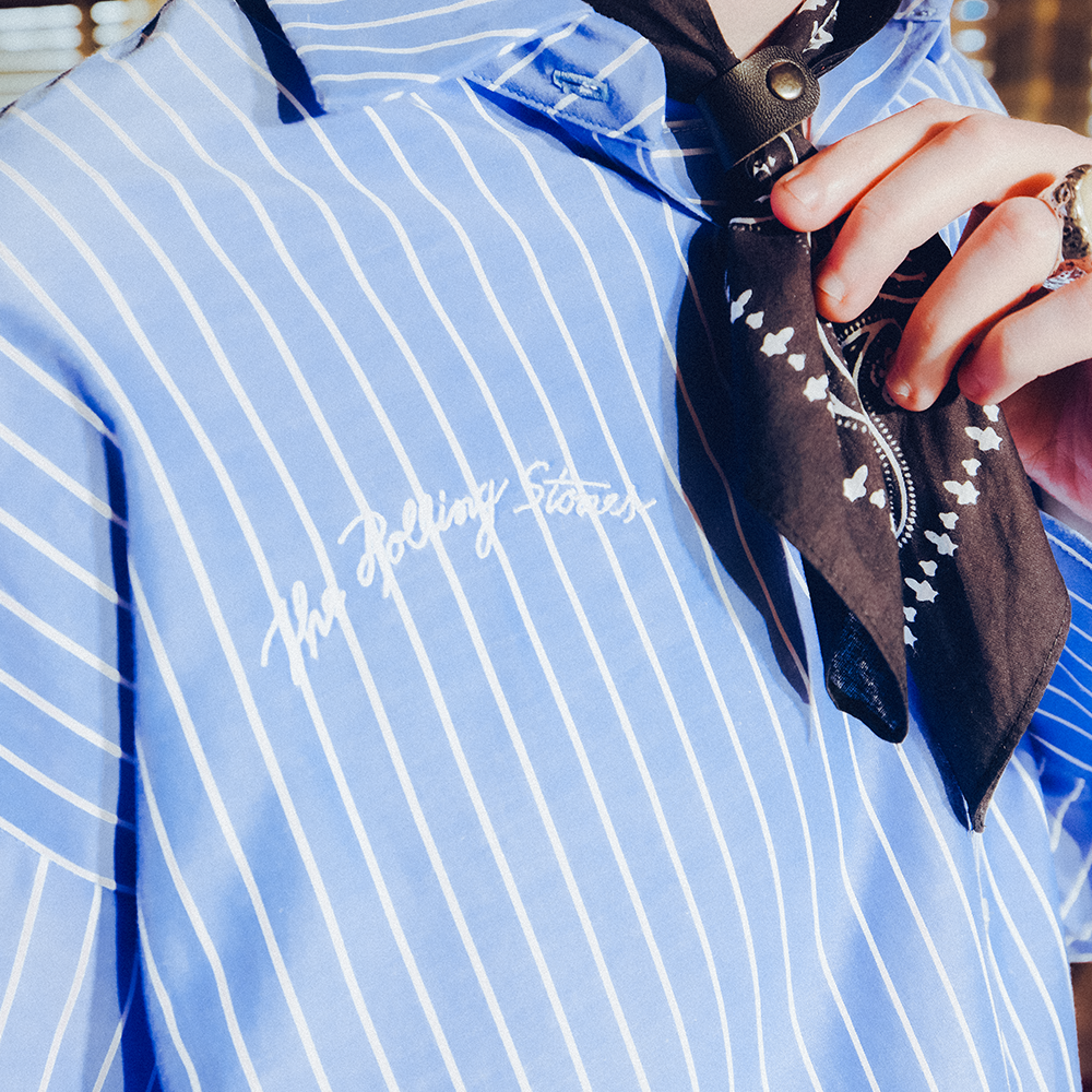 Jumbo Logo Pinstripe Poplin Oversized Shirt Lifestyle Shot 1