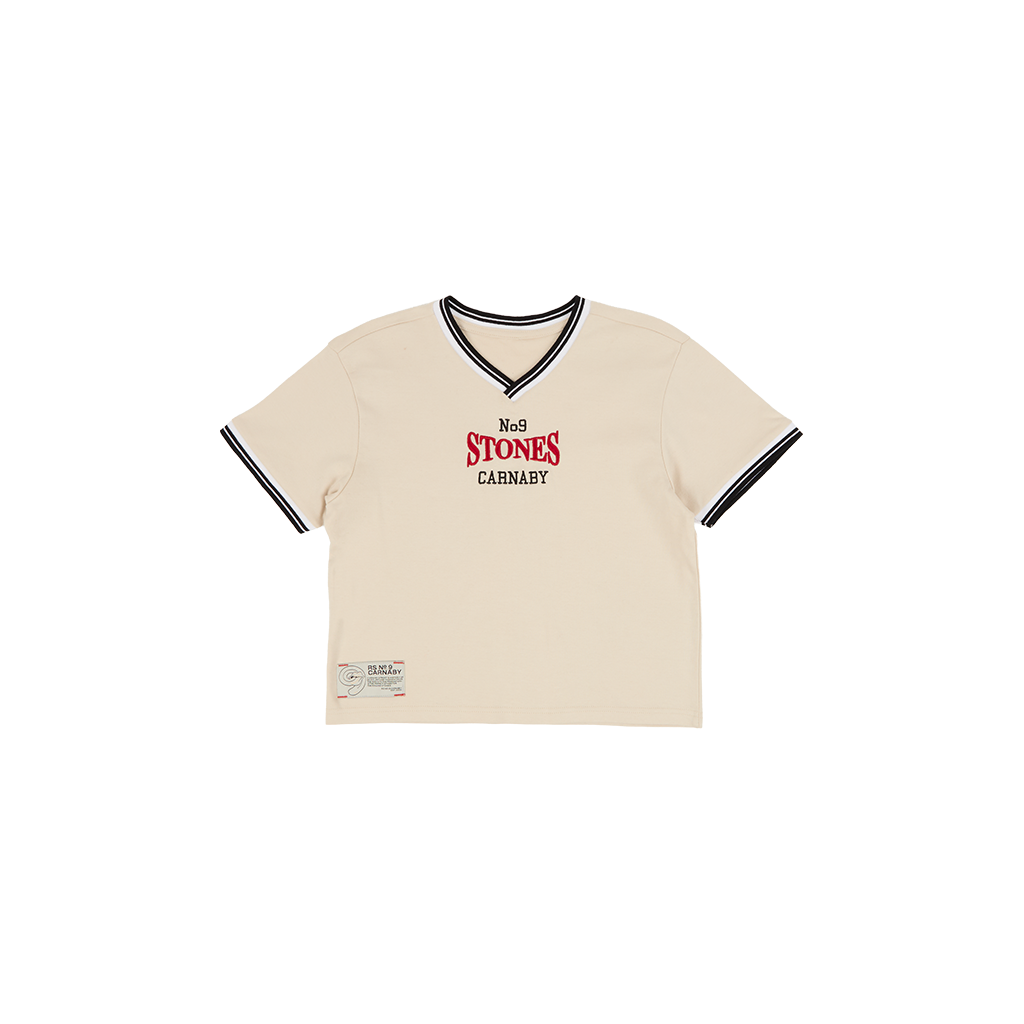 Stones Varsity V-Neck Baby Tee Front