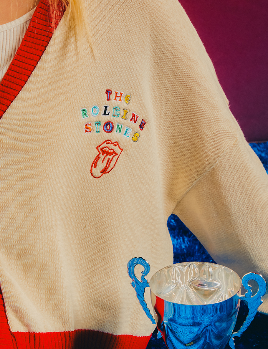 Cream 'The Rolling Stones' Embroidered Contrast Knitted Cardigan Lifestyle 2