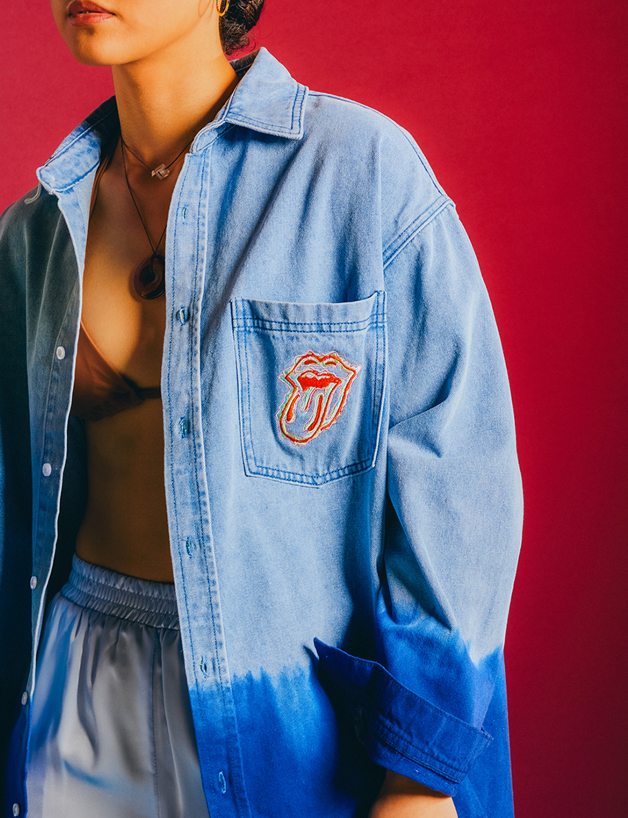 Light Blue Embroidered Tongue Logo Dip-Dye Denim Shirt Lifestyle 2