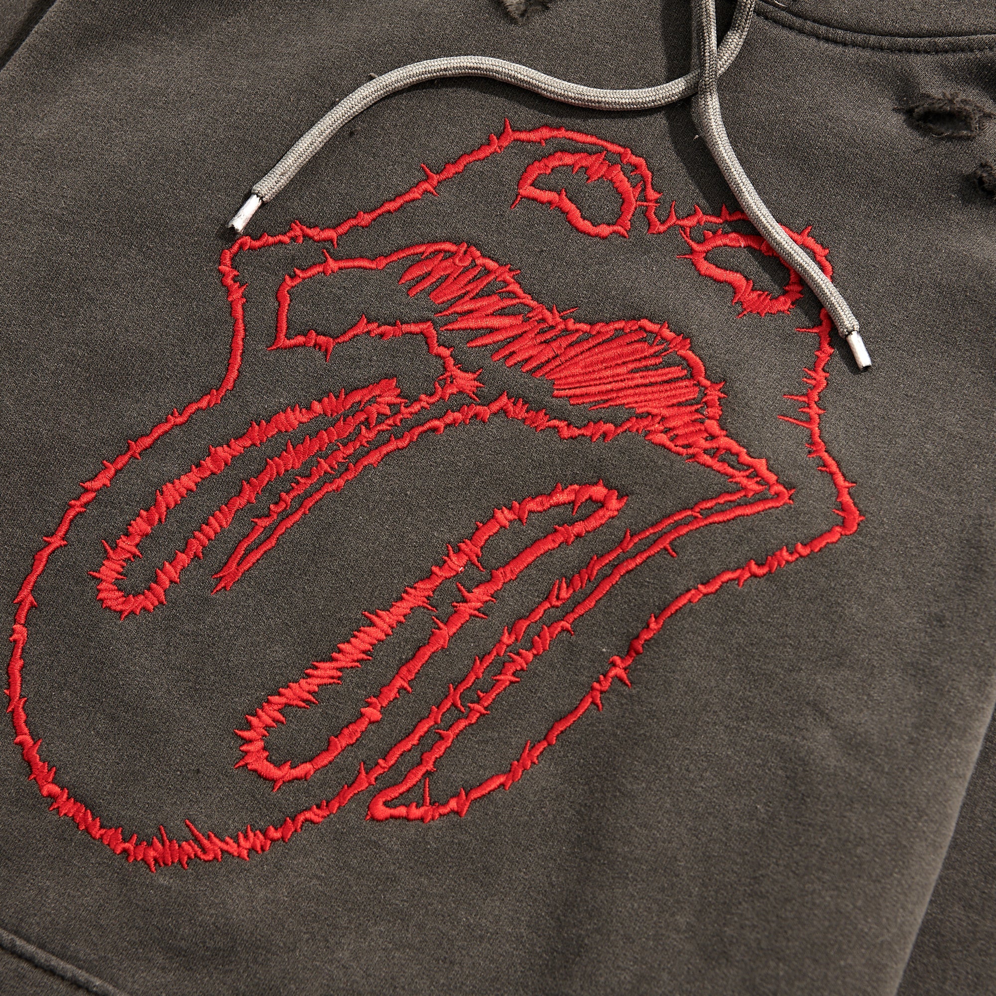 No9 Embroidered Sketch Tongue Distressed Hoodie Detail 2