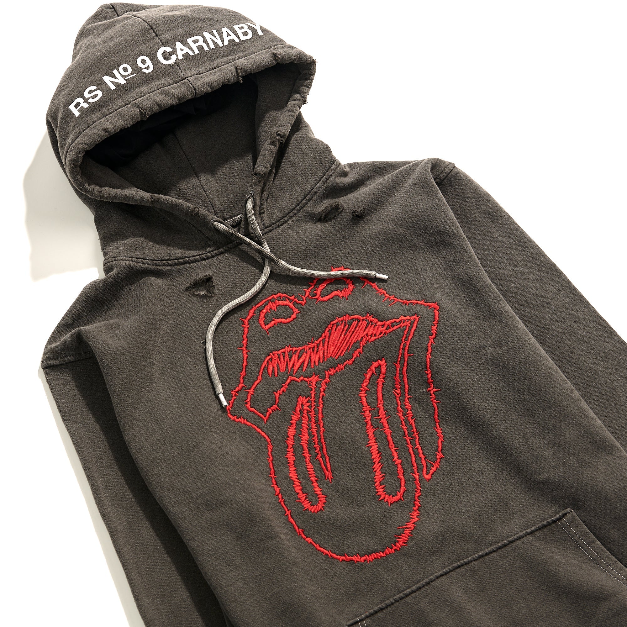 No9 Embroidered Sketch Tongue Distressed Hoodie Detail